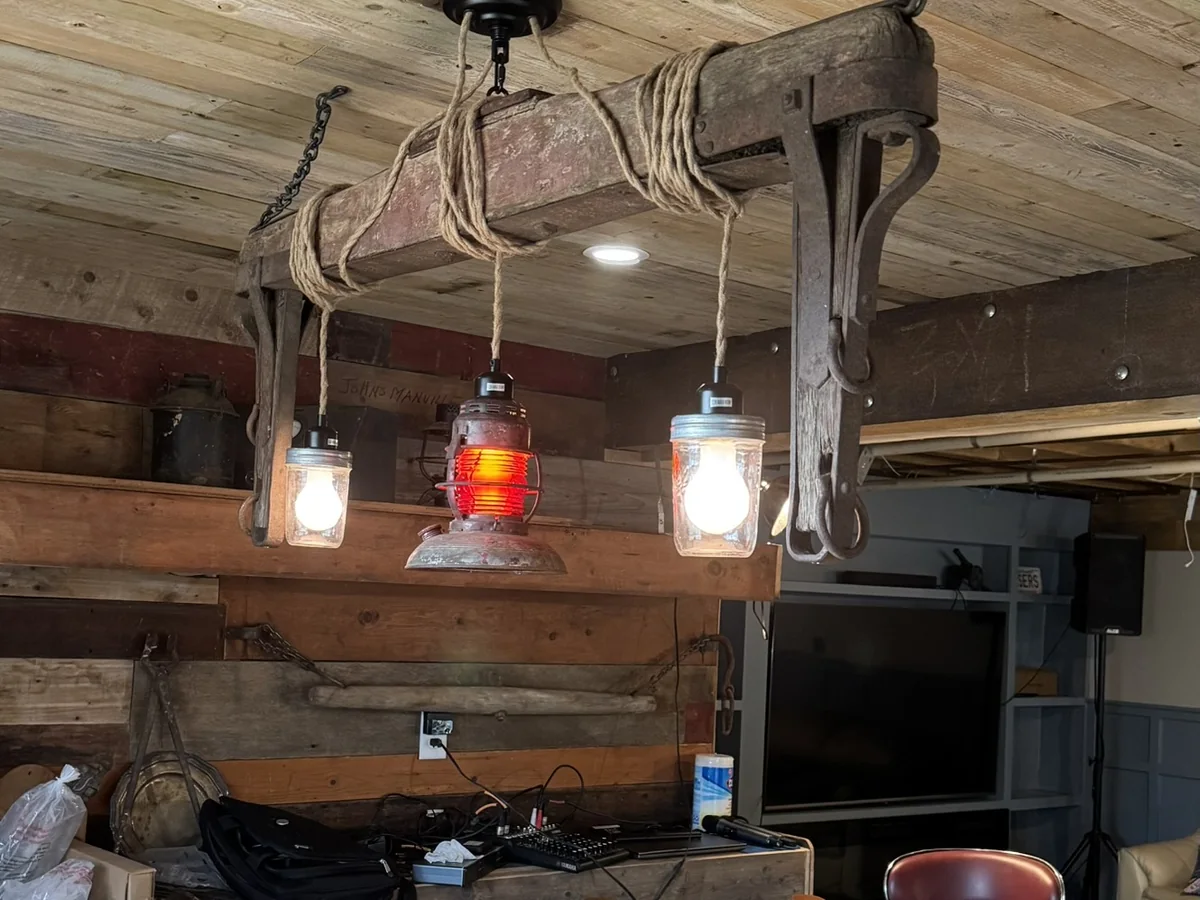 Custom bar light built from an antique horse-wagon frame - project photo
